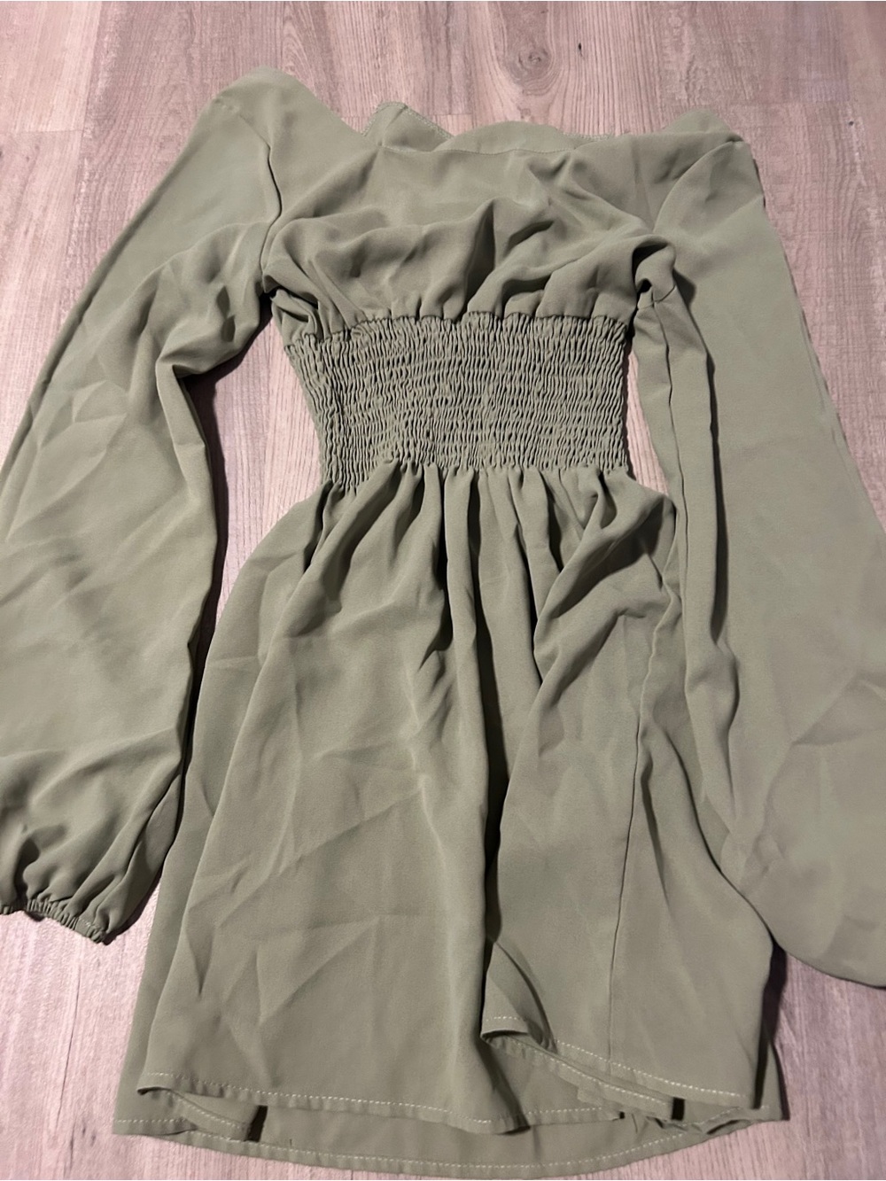 Olive Green Smocked Waist Long Sleeve Dress